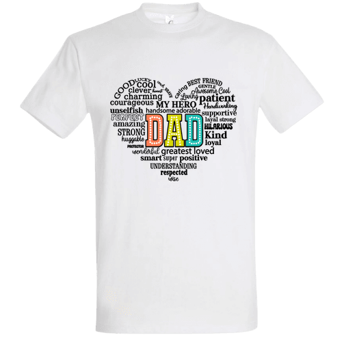 Tricou DAD Word Cloud cu Inimă – Cadou de Ziua Tatălui cu Text în Engleză